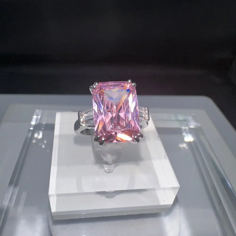 Pink Cubic Zirconia Silver Emerald Cut Ring